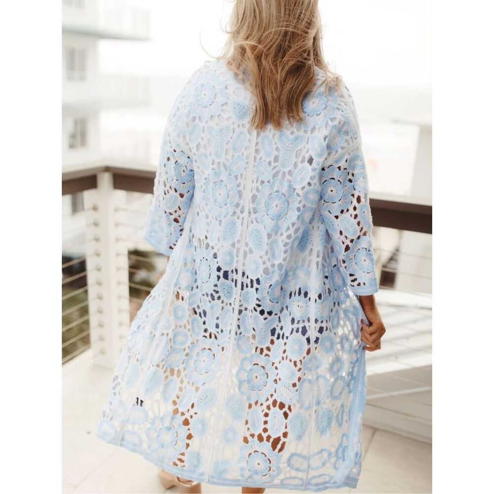 POL Blue Crochet Duster Cardigan Boho Kimono Open Knit Lace Patchwork Floral NEW - Picture 8 of 16